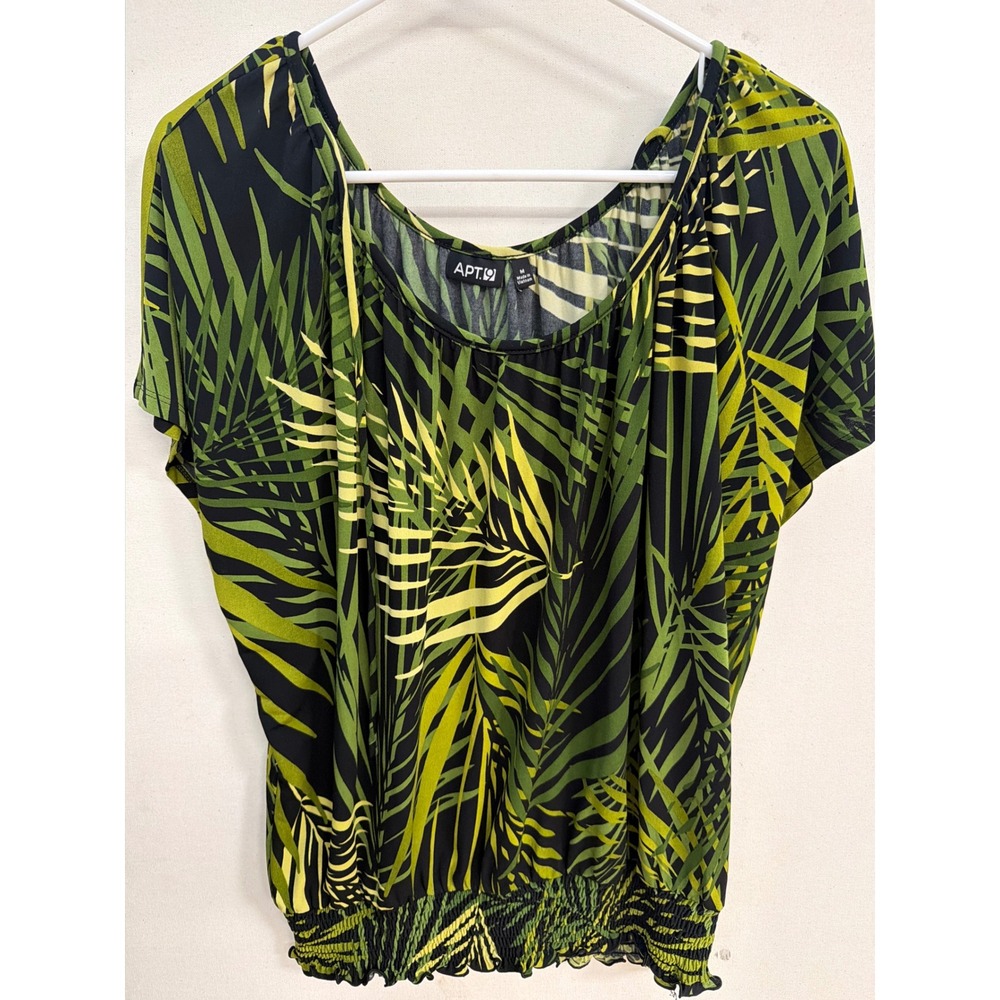Apt. 9 Womens Tropical Palm Leaf Smocked Hem Blouse Green Black Yellow Size M